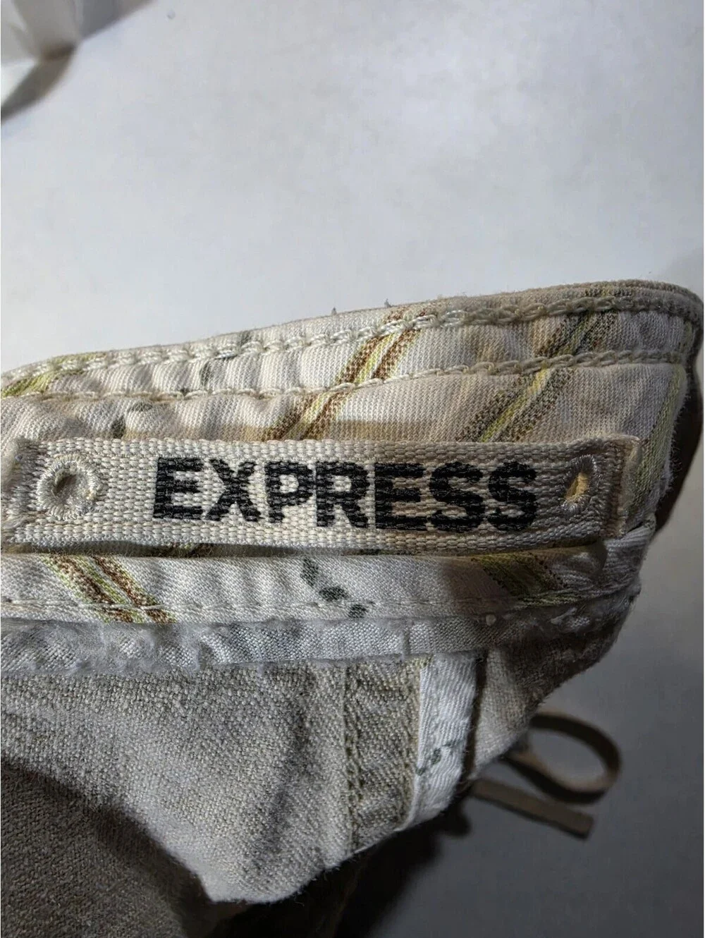 Express Men's Flat Front Straight Leg Beige Linen Cotton Drawstring Pants 34W